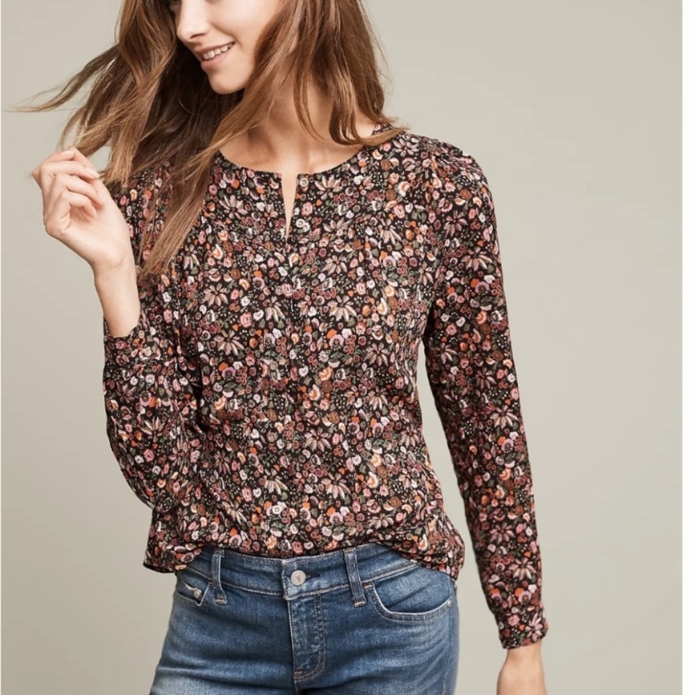 Anthropologie Floral Button-Down Top in Black, Pink & Brown